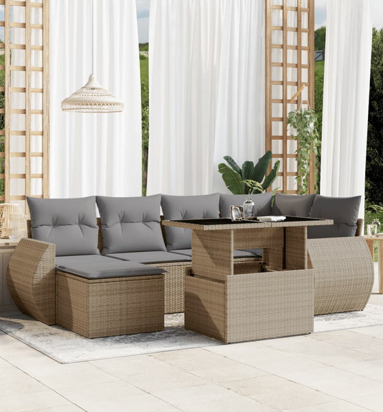 7-tlg. Garten-Sofagarnitur mit Kissen Beige Poly Rattan