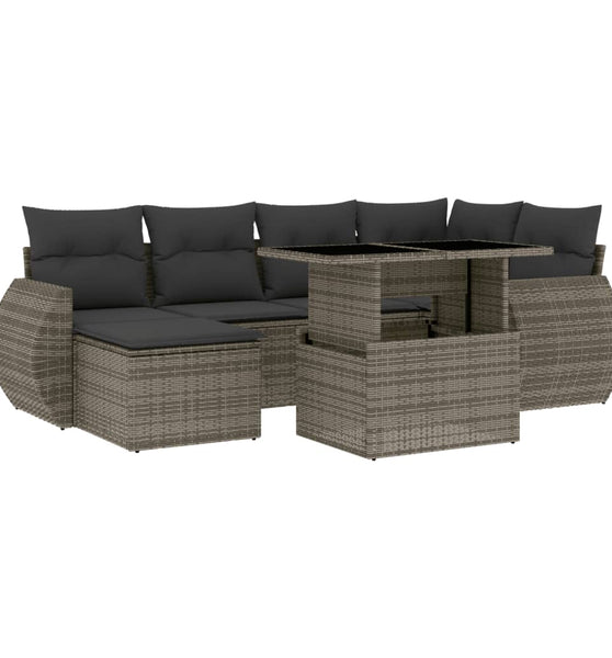 7-tlg. Garten-Sofagarnitur mit Kissen Grau Poly Rattan