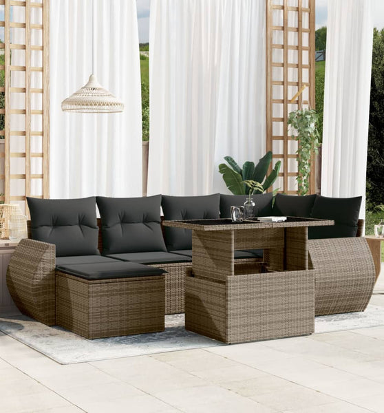 7-tlg. Garten-Sofagarnitur mit Kissen Grau Poly Rattan