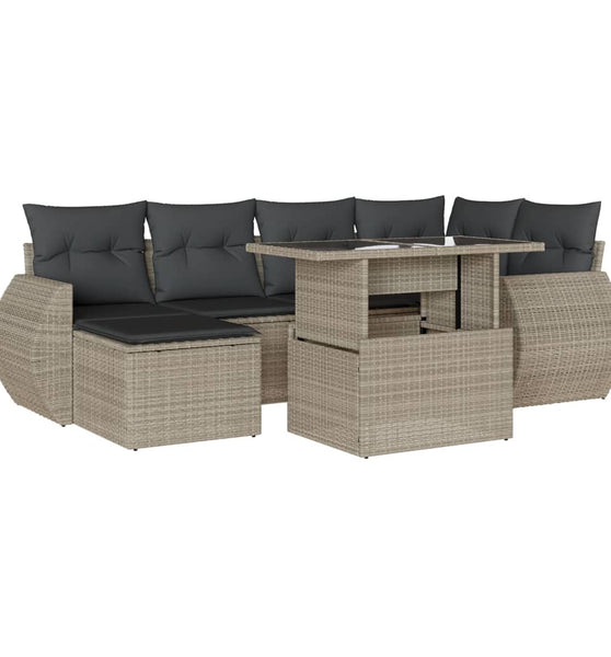 7-tlg. Garten-Sofagarnitur mit Kissen Hellgrau Poly Rattan