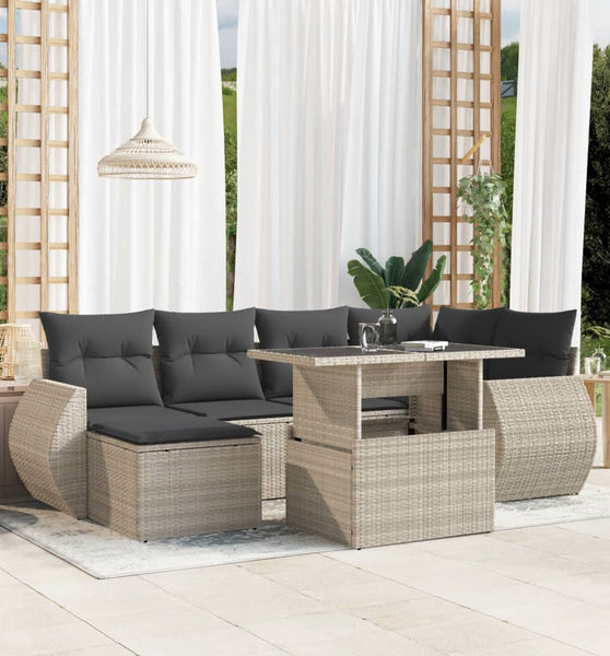 7-tlg. Garten-Sofagarnitur mit Kissen Hellgrau Poly Rattan