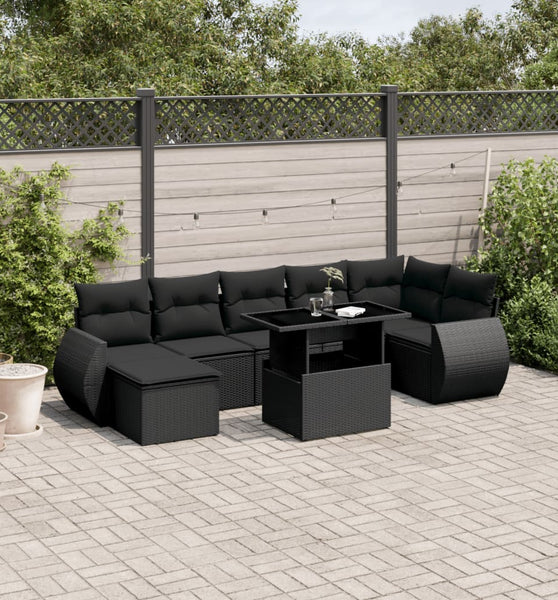 8-tlg. Garten-Sofagarnitur mit Kissen Schwarz Poly Rattan
