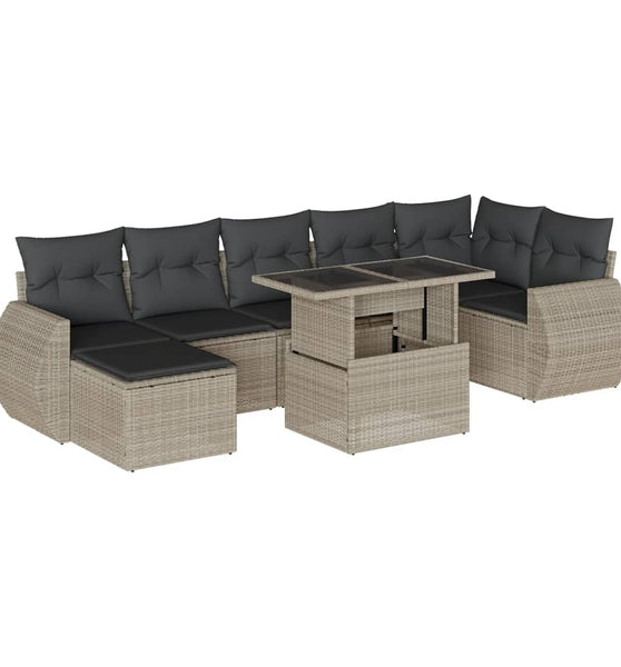 8-tlg. Garten-Sofagarnitur mit Kissen Hellgrau Poly Rattan