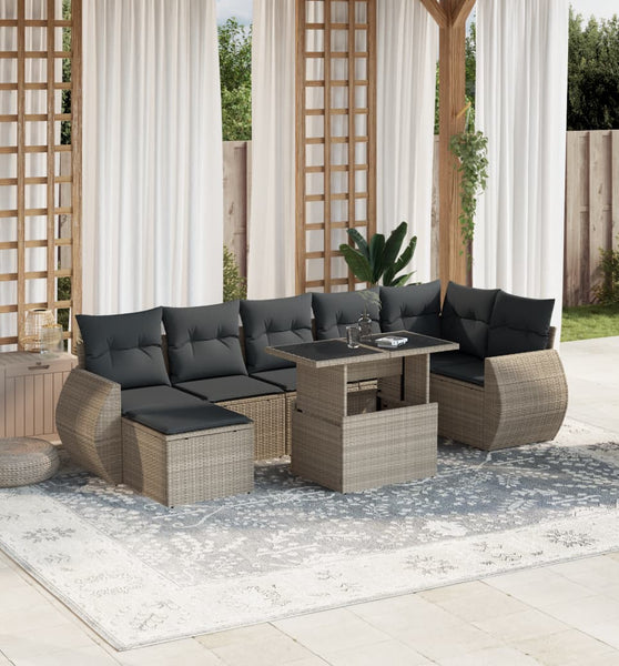 8-tlg. Garten-Sofagarnitur mit Kissen Hellgrau Poly Rattan