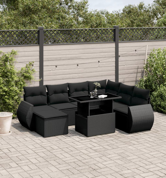 8-tlg. Garten-Sofagarnitur mit Kissen Schwarz Poly Rattan