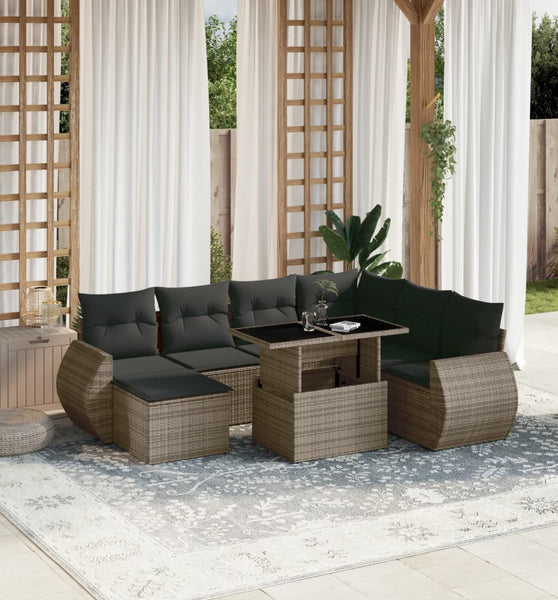 8-tlg. Garten-Sofagarnitur mit Kissen Grau Poly Rattan