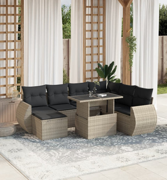 8-tlg. Garten-Sofagarnitur mit Kissen Hellgrau Poly Rattan