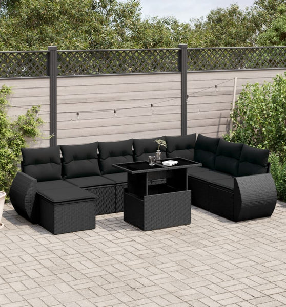 9-tlg. Garten-Sofagarnitur mit Kissen Schwarz Poly Rattan