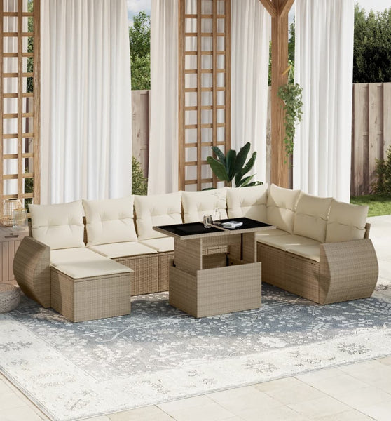 9-tlg. Garten-Sofagarnitur mit Kissen Beige Poly Rattan