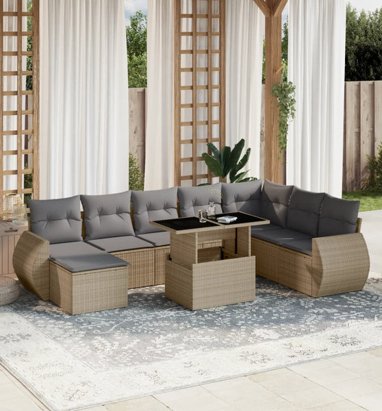 9-tlg. Garten-Sofagarnitur mit Kissen Beige Poly Rattan