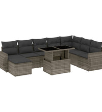 9-tlg. Garten-Sofagarnitur mit Kissen Grau Poly Rattan