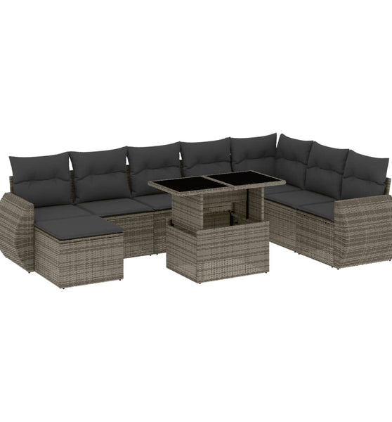 9-tlg. Garten-Sofagarnitur mit Kissen Grau Poly Rattan