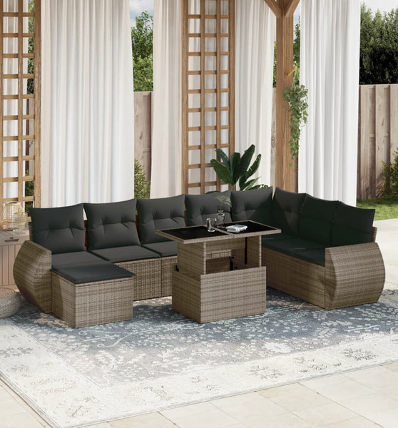 9-tlg. Garten-Sofagarnitur mit Kissen Grau Poly Rattan