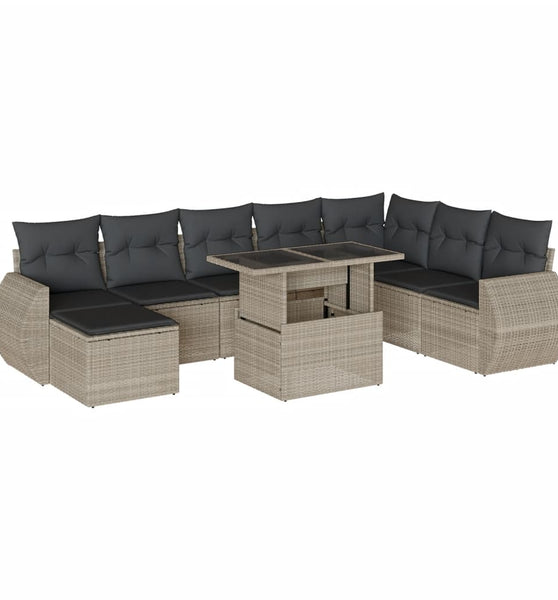 9-tlg. Garten-Sofagarnitur mit Kissen Hellgrau Poly Rattan
