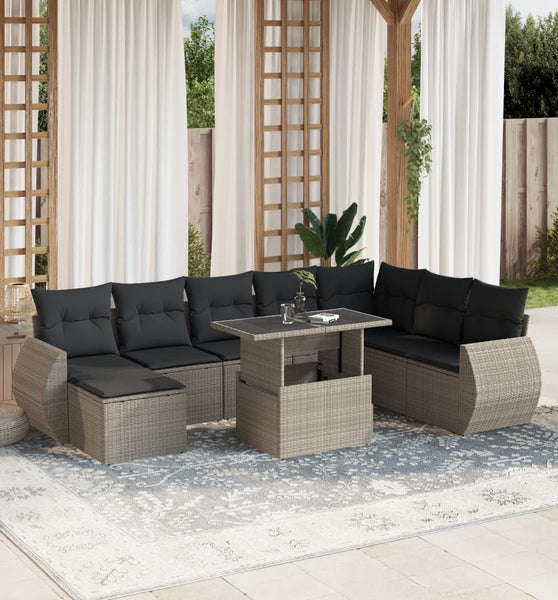 9-tlg. Garten-Sofagarnitur mit Kissen Hellgrau Poly Rattan