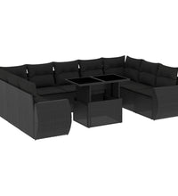 10-tlg. Garten-Sofagarnitur mit Kissen Schwarz Poly Rattan