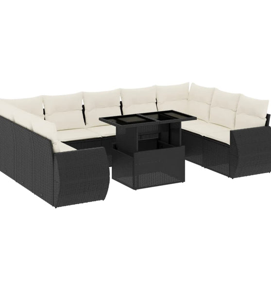 10-tlg. Garten-Sofagarnitur mit Kissen Schwarz Poly Rattan