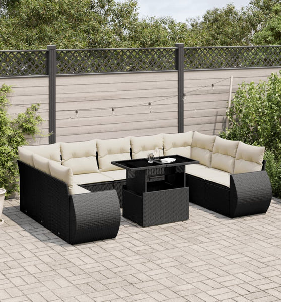 10-tlg. Garten-Sofagarnitur mit Kissen Schwarz Poly Rattan