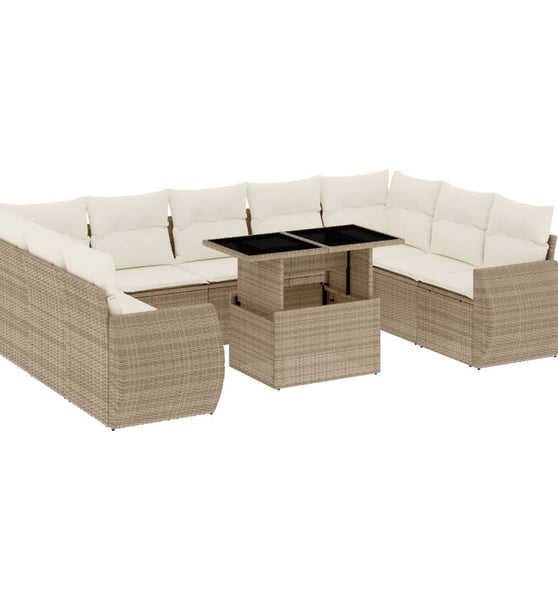 10-tlg. Garten-Sofagarnitur mit Kissen Beige Poly Rattan