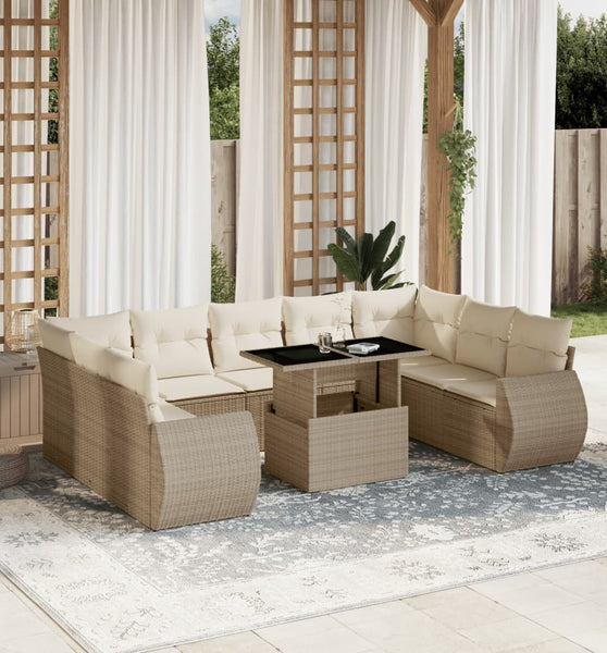 10-tlg. Garten-Sofagarnitur mit Kissen Beige Poly Rattan