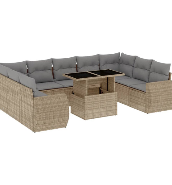 10-tlg. Garten-Sofagarnitur mit Kissen Beige Poly Rattan