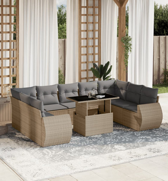 10-tlg. Garten-Sofagarnitur mit Kissen Beige Poly Rattan
