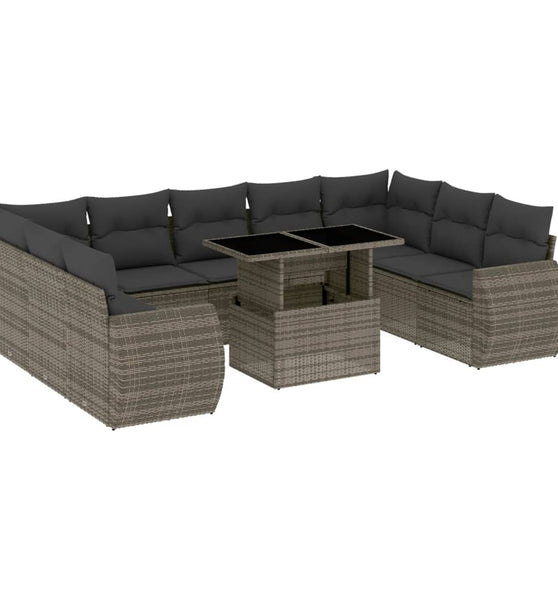 10-tlg. Garten-Sofagarnitur mit Kissen Grau Poly Rattan