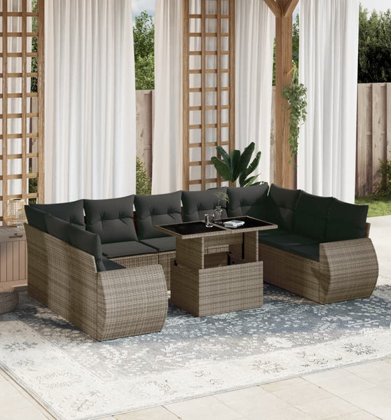 10-tlg. Garten-Sofagarnitur mit Kissen Grau Poly Rattan