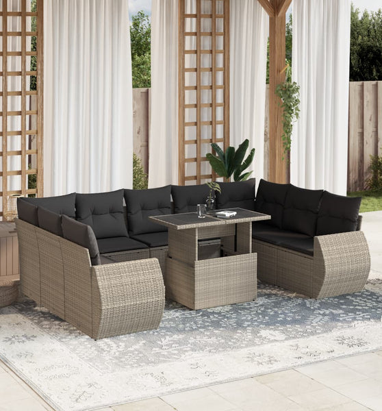 10-tlg. Garten-Sofagarnitur mit Kissen Hellgrau Poly Rattan