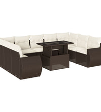 10-tlg. Garten-Sofagarnitur mit Kissen Braun Poly Rattan