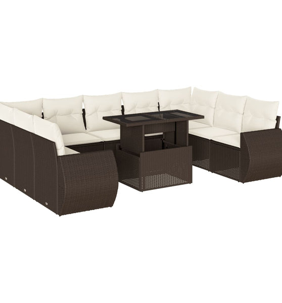 10-tlg. Garten-Sofagarnitur mit Kissen Braun Poly Rattan