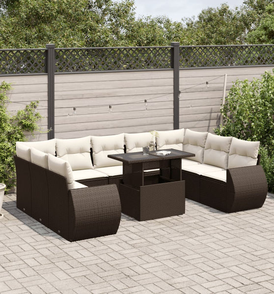 10-tlg. Garten-Sofagarnitur mit Kissen Braun Poly Rattan