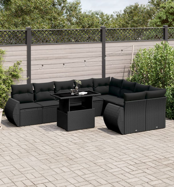 10-tlg. Garten-Sofagarnitur mit Kissen Schwarz Poly Rattan