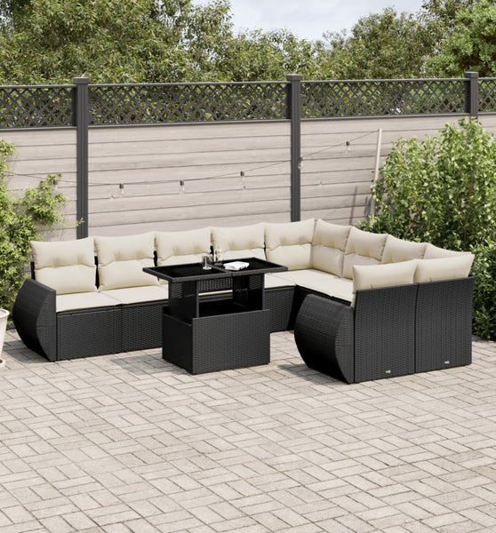 10-tlg. Garten-Sofagarnitur mit Kissen Schwarz Poly Rattan