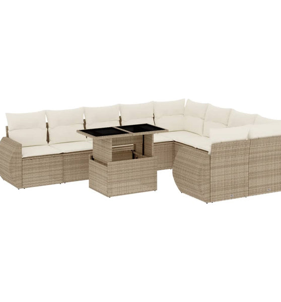 10-tlg. Garten-Sofagarnitur mit Kissen Beige Poly Rattan