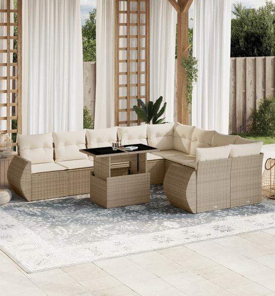 10-tlg. Garten-Sofagarnitur mit Kissen Beige Poly Rattan