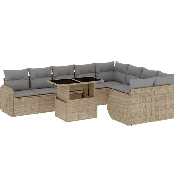 10-tlg. Garten-Sofagarnitur mit Kissen Beige Poly Rattan