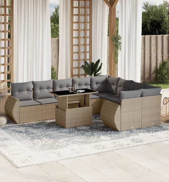 10-tlg. Garten-Sofagarnitur mit Kissen Beige Poly Rattan