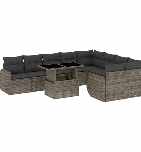 10-tlg. Garten-Sofagarnitur mit Kissen Grau Poly Rattan