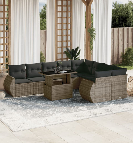 10-tlg. Garten-Sofagarnitur mit Kissen Grau Poly Rattan