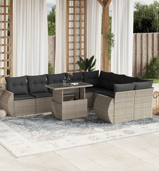10-tlg. Garten-Sofagarnitur mit Kissen Hellgrau Poly Rattan