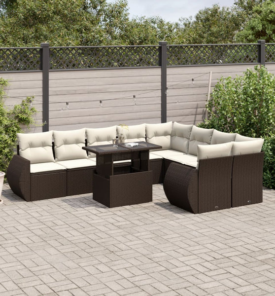 10-tlg. Garten-Sofagarnitur mit Kissen Braun Poly Rattan