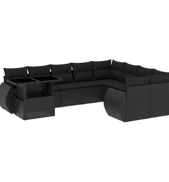 10-tlg. Garten-Sofagarnitur mit Kissen Schwarz Poly Rattan