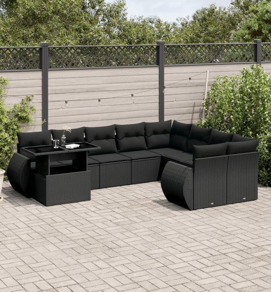 10-tlg. Garten-Sofagarnitur mit Kissen Schwarz Poly Rattan