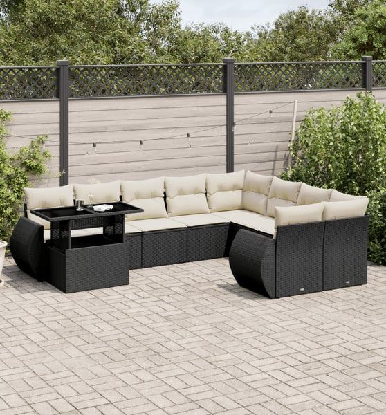 10-tlg. Garten-Sofagarnitur mit Kissen Schwarz Poly Rattan
