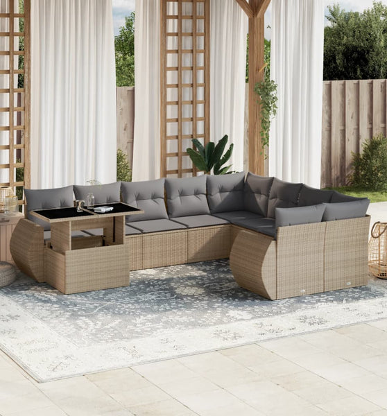 10-tlg. Garten-Sofagarnitur mit Kissen Beige Poly Rattan
