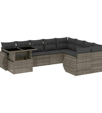 10-tlg. Garten-Sofagarnitur mit Kissen Grau Poly Rattan