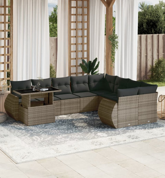 10-tlg. Garten-Sofagarnitur mit Kissen Grau Poly Rattan