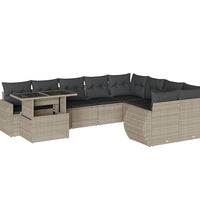 10-tlg. Garten-Sofagarnitur mit Kissen Hellgrau Poly Rattan