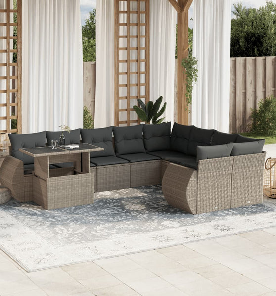 10-tlg. Garten-Sofagarnitur mit Kissen Hellgrau Poly Rattan